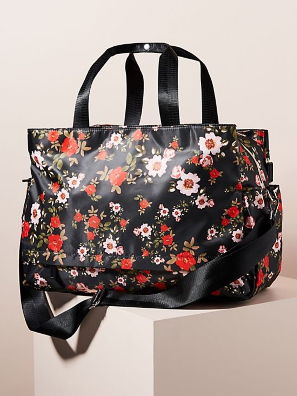 Anthropologie Gwendolyn Slouchy Red Black Floral Travel Tote Nylon Weekender bag
